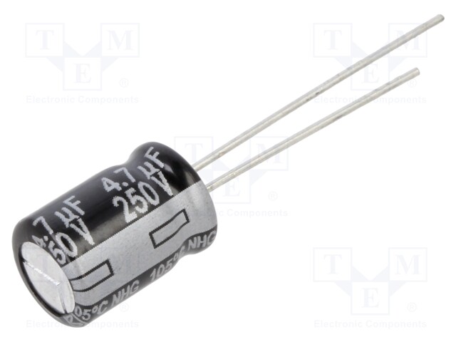 Electrolytic Capacitor, 4.7 µF, 250 V, NHG Series, ± 20%, Radial Leaded, 1000 hours @ 105°C