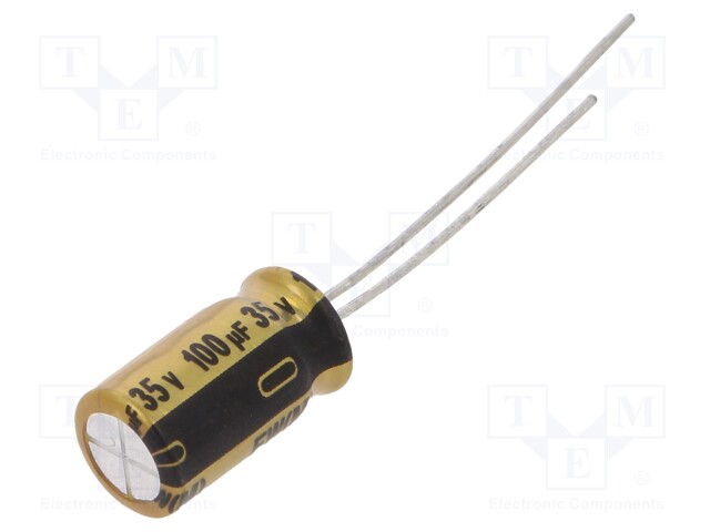 Capacitor: electrolytic; THT; 100uF; 35VDC; Ø6.3x11mm; Pitch: 2.5mm