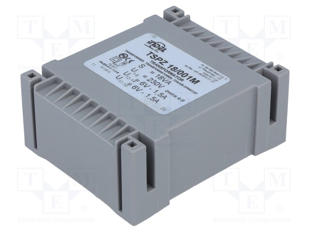 Transformer: encapsulated; 18VA; 230VAC; 6V; 6V; 1.5A; 1.5A; IP00