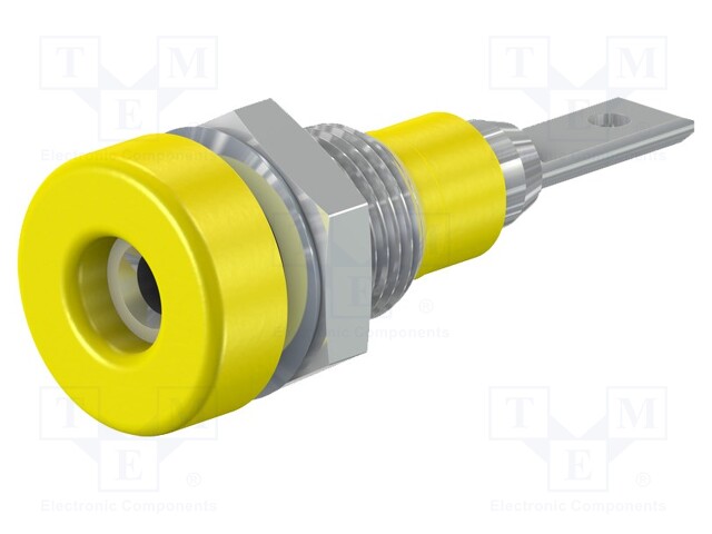 Socket; 2mm banana; 10A; 23mm; yellow; Mounting: soldered,on panel