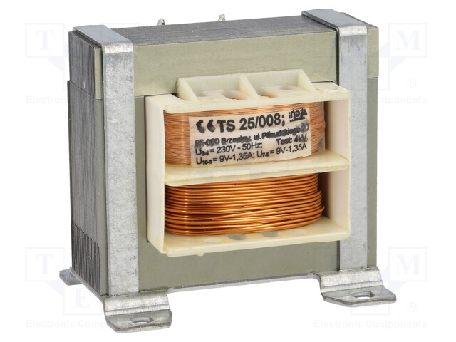 Transformer: mains; 25VA; 230VAC; 9V; 9V; 1.35A; 1.35A; IP00