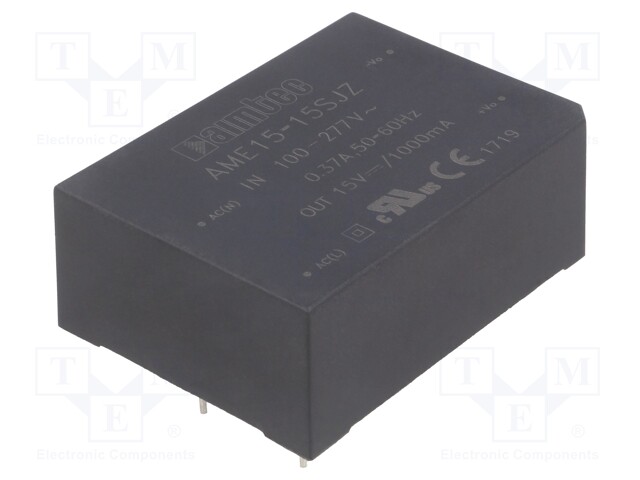 Converter: AC/DC; 15W; Uout: 15VDC; Iout: 1A; 82%; Mounting: PCB; 3kV