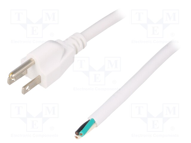 Cable; NEMA 5-15 (B) plug,wires; 3.5m; white; PVC; 3x16AWG; 13A