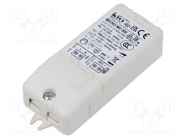 Power supply: switched-mode; LED; 6÷20VDC; 500mA; 220÷240VAC; IP20