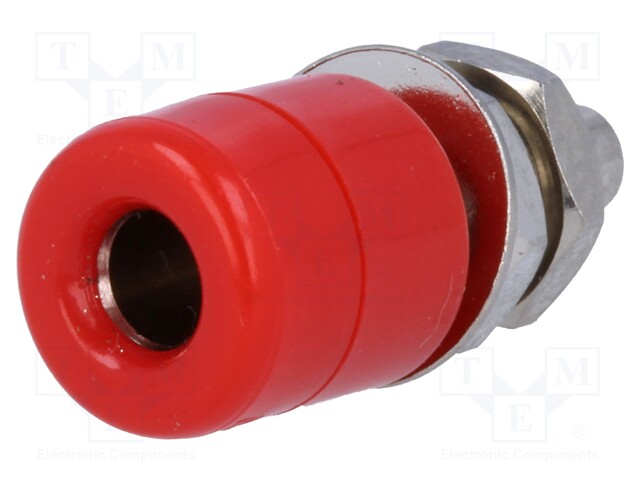 Socket; 4mm banana; 20A; Cutout: Ø7.5mm; red; nickel plated; 5mΩ