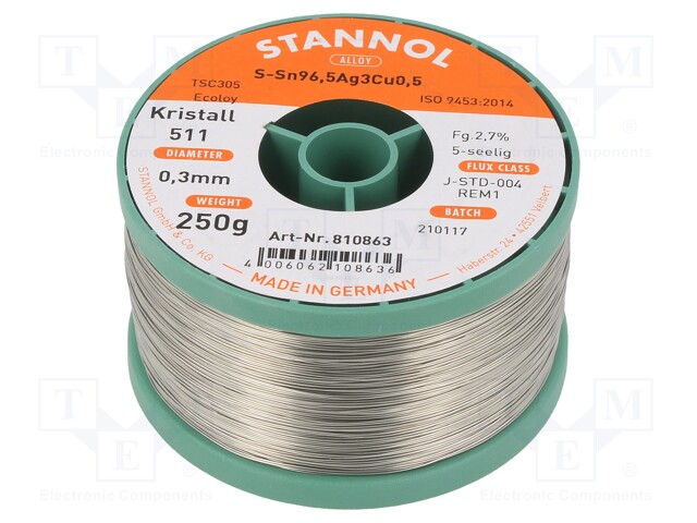 Soldering wire; Sn96Ag3Cu1; 0.3mm; 0.25kg; lead free; 217÷220°C