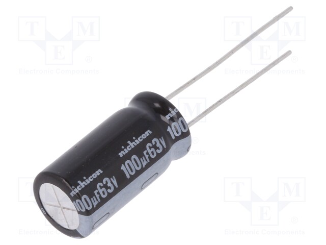 Capacitor: electrolytic; THT; 100uF; 63VDC; Ø10x20mm; Pitch: 5mm