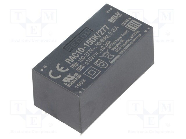 Converter: AC/DC; 10W; Uout: 15VDC; Iout: 340mA; 83%; Mounting: PCB