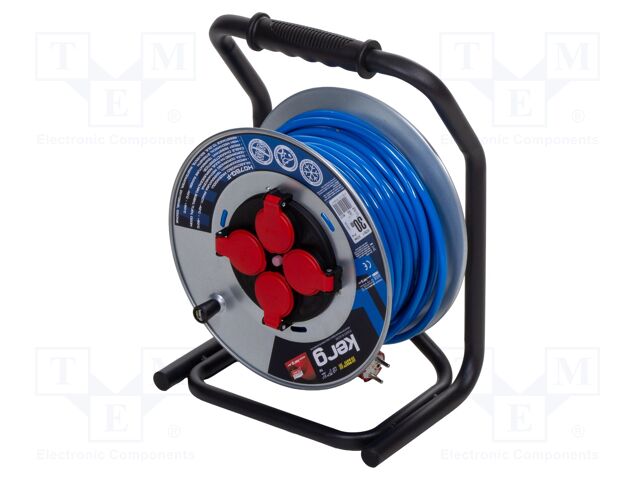 Extension lead; reel; Sockets: 4; PUR; blue; 3x1,5mm2; 30m; 16A