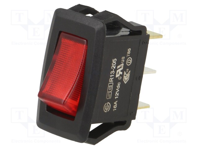 ROCKER; SPST; Pos: 2; OFF-ON; 16A/12VDC; red; LED; Rcont max: 50mΩ