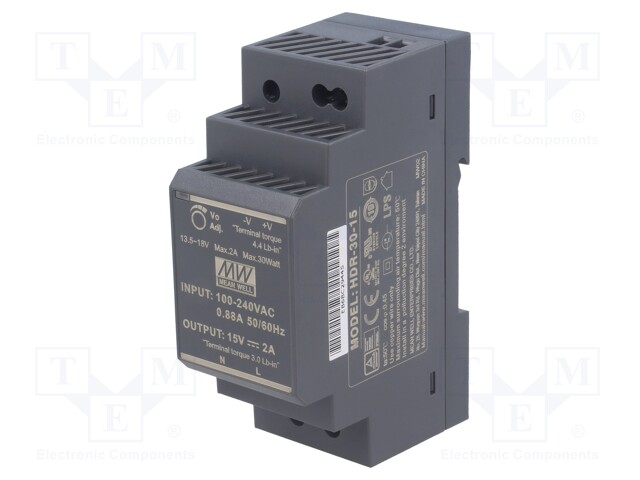 Power supply: switched-mode; 30W; 15VDC; 13.5÷18VDC; 2A; 85÷264VAC