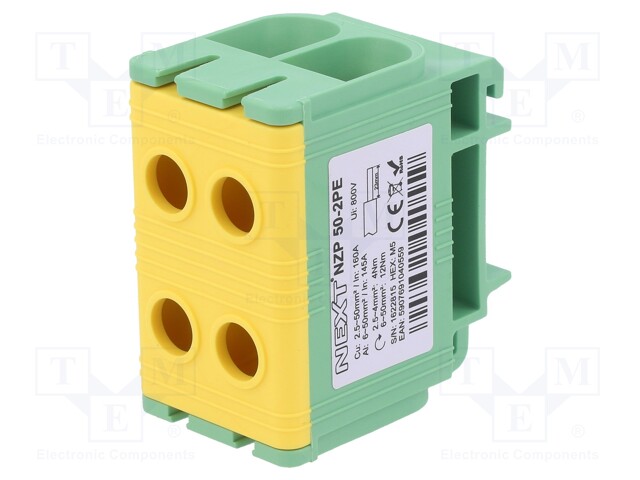 Splice terminal: rail; 50mm2; ways: 1; terminals: 4; yellow-green