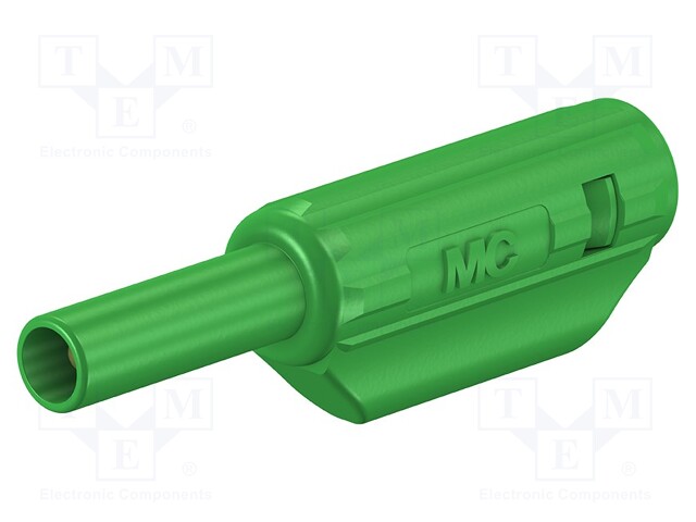 Plug; 2mm banana; 10A; 600V; green; gold-plated; 36mm; 0.5mm2