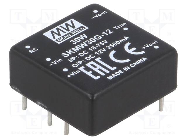 Converter: DC/DC; 30W; Uin: 18÷75V; 12VDC; Iout: 0÷2500mA; 1"x1",DIP