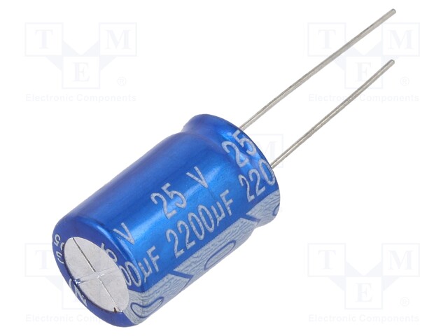 Capacitor: electrolytic; THT; 2200uF; 25VDC; Ø13x35mm; Pitch: 5mm