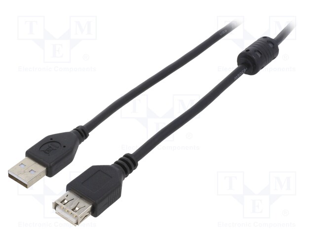 Cable; USB 2.0; USB A socket,USB A plug; gold-plated; 1.8m; black