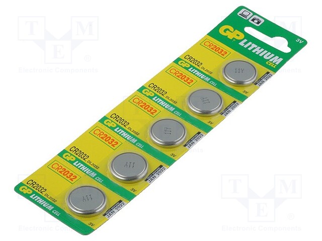 Battery: lithium; 3V; CR2032,coin; Batt.no: 5; Ø20x3.2mm; 220mAh