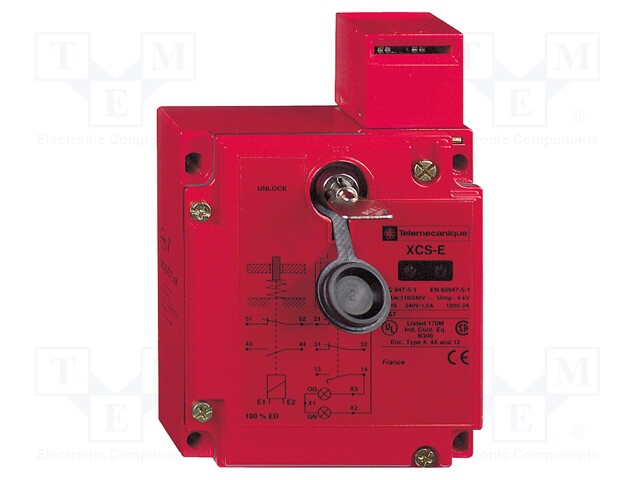 Safety switch: key operated; XCSE; NC x2 + NO; IP67; metal; red