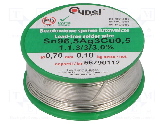 Soldering wire; Sn96,5Ag3Cu0,5; 700um; 100g; lead free; 217÷219°C