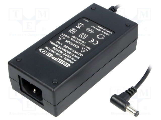 Power supply: switched-mode; 24VDC; 3.75A; Out: 5,5/2,1; 90W; 87%