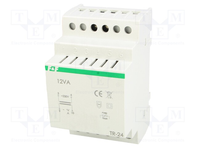 Transformer: mains; 12VA; 230VAC; 24V; 0.5A; Mounting: DIN; 310g