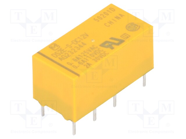 Relay: electromagnetic; DPDT; Ucoil: 12VDC; 1A/125VAC; 2A/30VDC; 3A