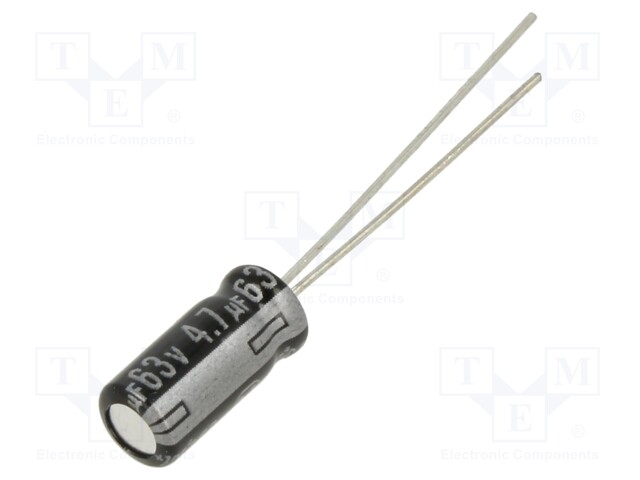 Capacitor: electrolytic; THT; 4.7uF; 63VDC; Ø5x11mm; Pitch: 2mm