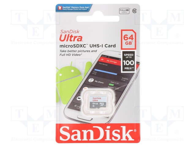 Memory card; Android; SD XC Micro; 64GB; 100MB/s; Class 10 UHS U1