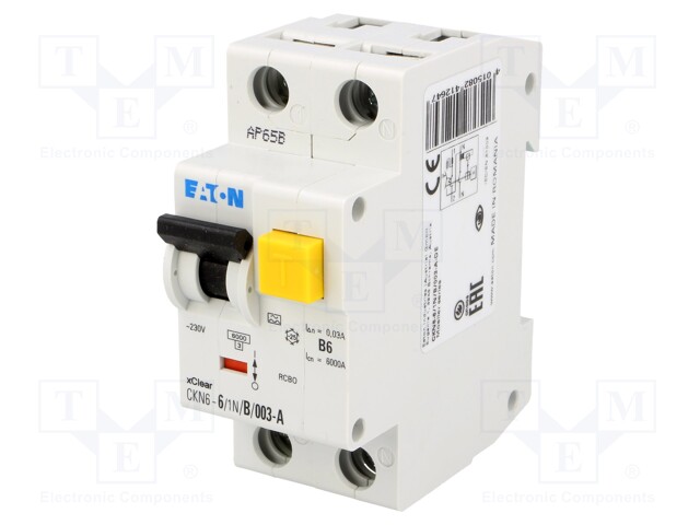 RCBO breaker; Inom: 6A; Ires: 30mA; Max surge current: 250A; 230V