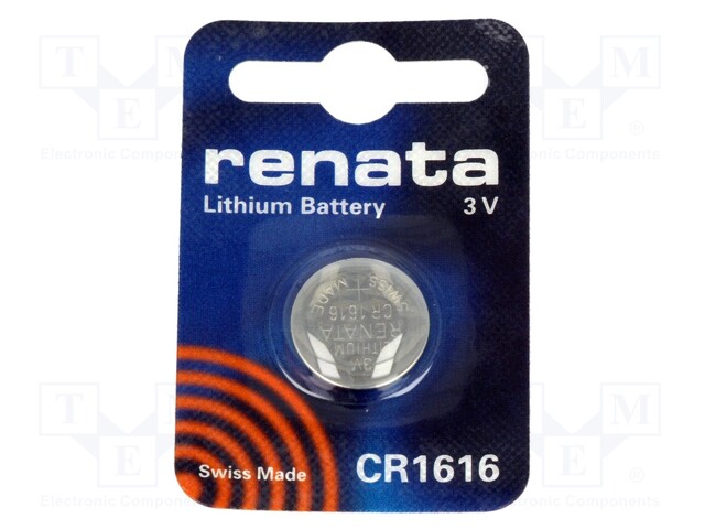 Battery: lithium; 3V; CR1616,coin; Batt.no: 1; Ø16x1.6mm; 50mAh