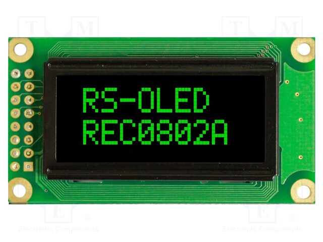 Display: OLED; alphanumeric; 8x2; Dim: 58x32x10mm; green; PIN: 16