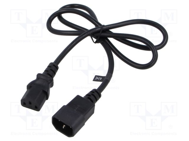 Cable; 3x0.75mm2; IEC C13 female,IEC C14 male; PVC; 1m; black; 10A