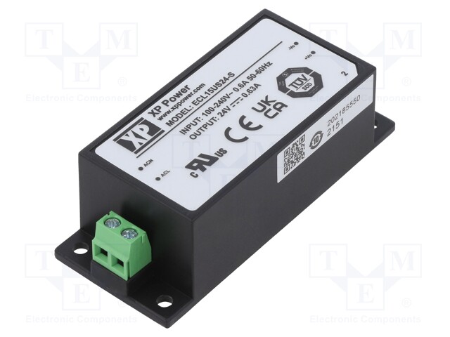 Power supply: switched-mode; 15W; 24VDC; 630mA; OUT: 1; 110g; 82%