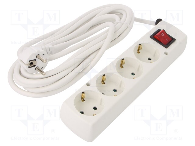 Extension lead; Schuko; Sockets: 4; white; 3x1,5mm2; 5m; 16A