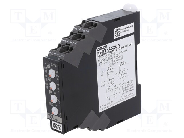 Current Monitoring Relay, Single Phase, K8DT-AS Series, SPDT, DIN Rail, Screw