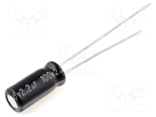 Capacitor: electrolytic; THT; 2.2uF; 100VDC; Ø5x11mm; Pitch: 2mm