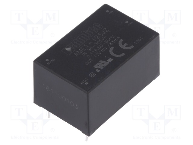 Converter: AC/DC; 1W; Uout: 12VDC; Iout: 0.083A; 73%; Mounting: PCB