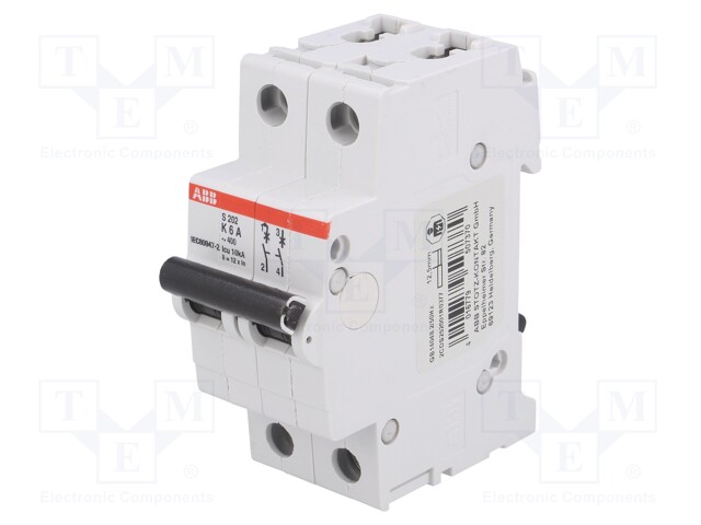 Circuit breaker; 230/400VAC; 6A; Poles: 2; DIN; Charact: K; IP20