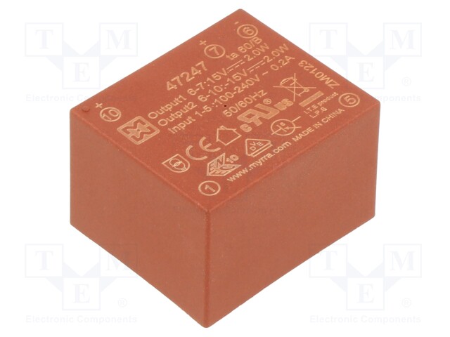 Converter: AC/DC; 4W; Uout: 15VDC; Iout: 130mA; 73%; Mounting: PCB
