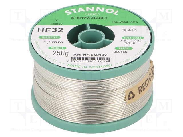 Soldering wire; Sn99,3Cu0,7; 1mm; 250g; lead free; Package: reel