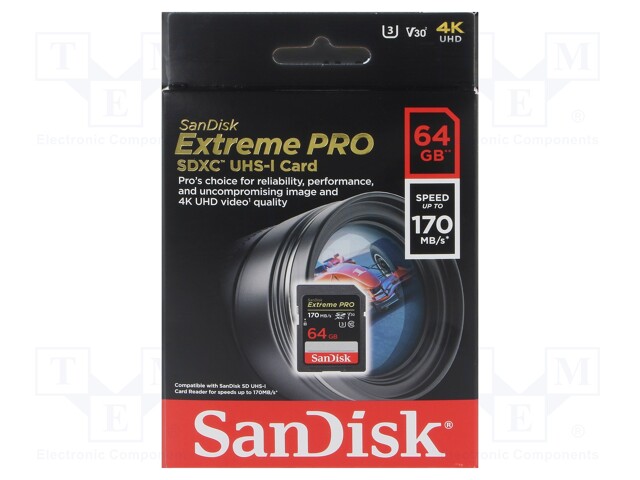 Memory card; Extreme Pro; SD XC; 64GB; Read: 170MB/s; Write: 90MB/s