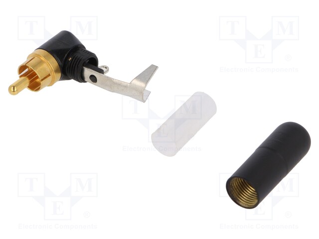 Plug; RCA; male; angled 90°; soldering; black; gold-plated; 7.36mm