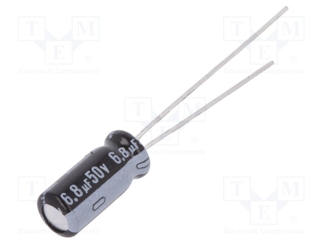 Capacitor: electrolytic; THT; 6.8uF; 50VDC; Ø5x11mm; Pitch: 2mm