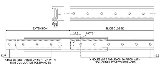 Light telescopic rail; aluminium; H: 20mm; L: 600mm; W: 51mm;