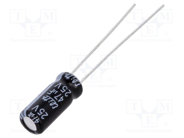 Capacitor: electrolytic; THT; 47uF; 25VDC; Ø5x11mm; Pitch: 2mm; ±20%