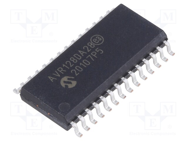 AVR microcontroller; EEPROM: 512B; SRAM: 16kB; Flash: 128kB; SO28