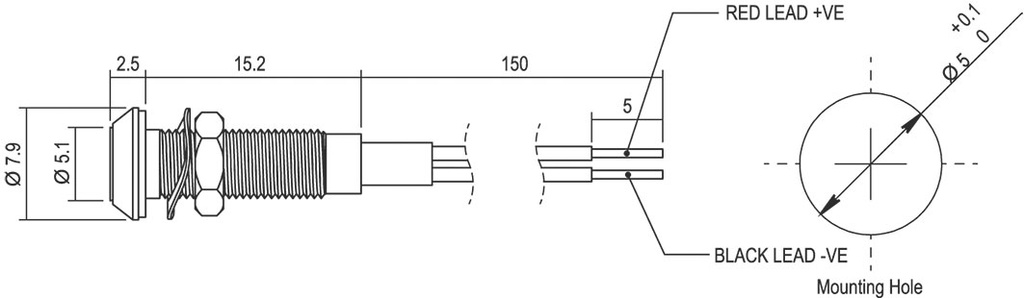 Indicator: LED; flat; 48VDC; Cutout: Ø5mm; IP67; 150mm leads; brass