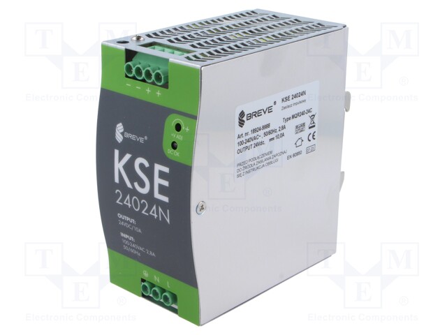 Power supply: switched-mode; for DIN rail; 240W; 24VDC; 10A; IP20