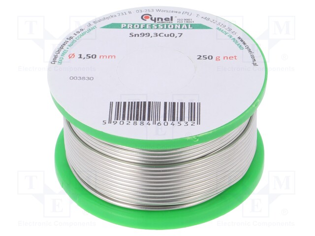 Solid,soldering wire; Sn99,3Cu0,7; 1.5mm; 250g; lead free; 227°C