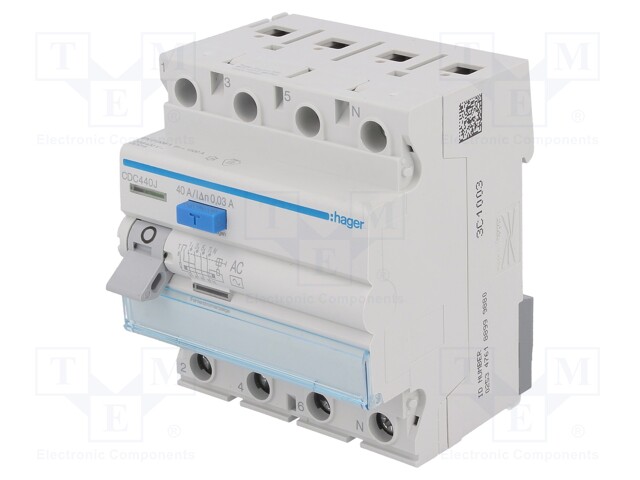 RCD breaker; Inom: 40A; Ires: 30mA; Max surge current: 250A; 400V